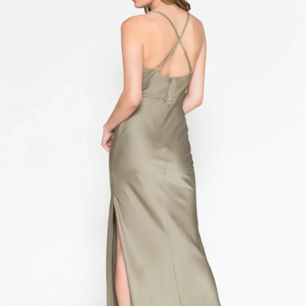 WINE COLOR SIMPLE SATIN PARTY BRIDSMAIDS EVENING MIDI SHEATH GOWN DRESS AC6115 - Picture 4 of 7